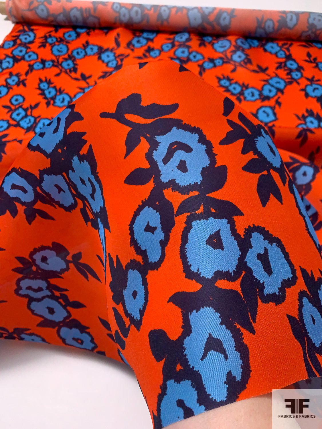 Carolina Herrera Playful Floral Printed Silk Gazar - Blood Orange / Blue / Navy