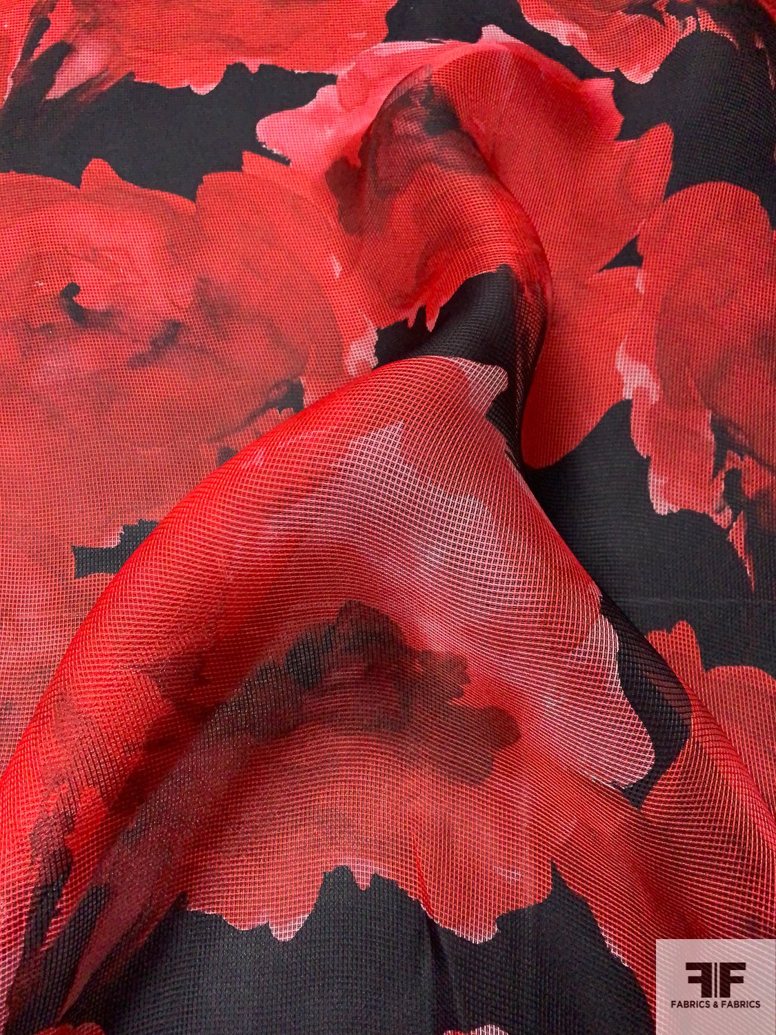 Pamella Roland Italian Floral Printed Marquisette Mesh Silk Organza - Red / Black / Soft Pink