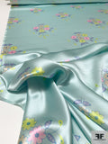 Playful Floral Bouquets Printed Silk Charmeuse - Light Baby Blue / Pink / Blue / Lavendar
