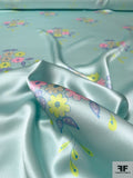 Playful Floral Bouquets Printed Silk Charmeuse - Light Baby Blue / Pink / Blue / Lavendar