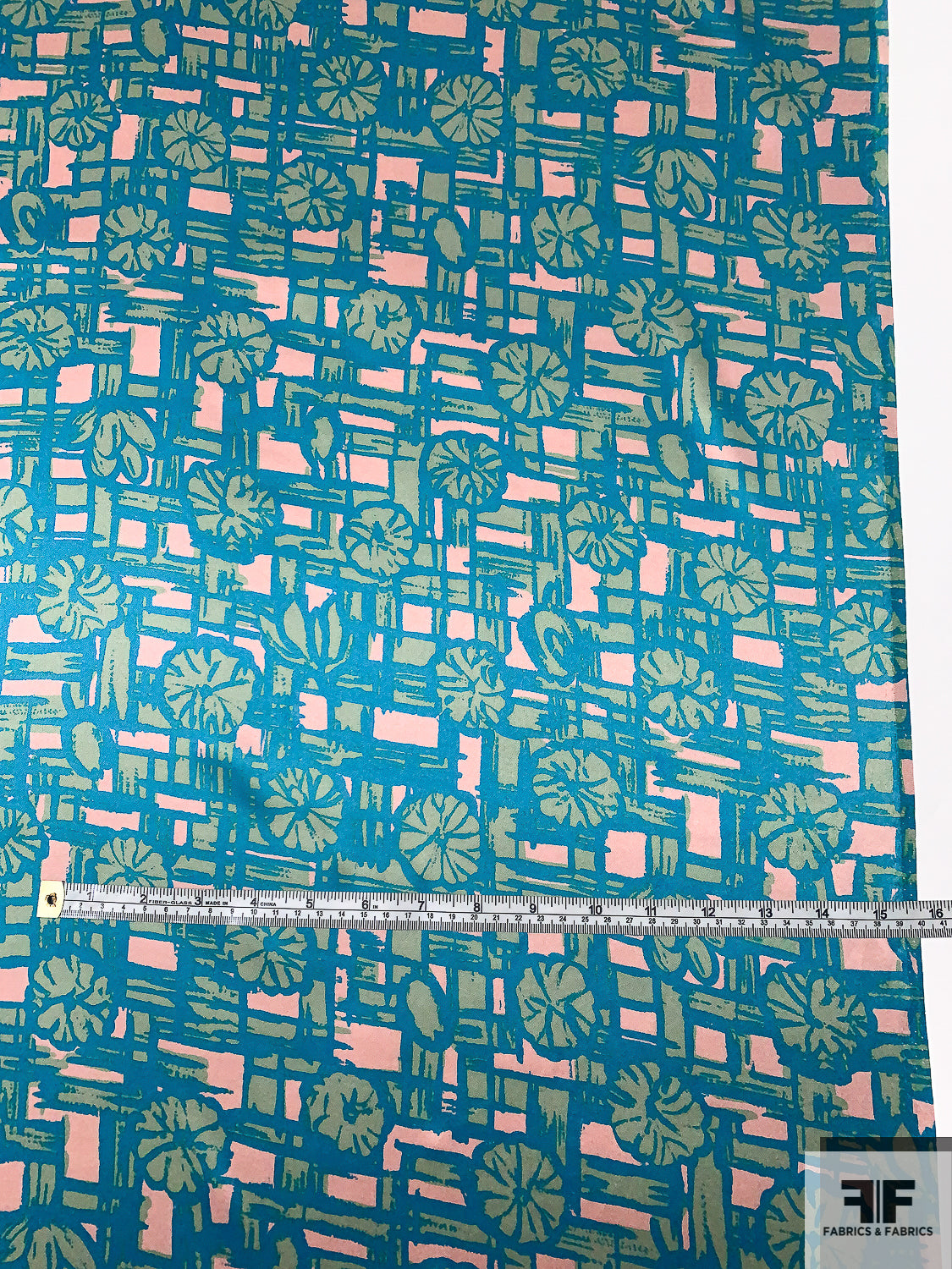 Sketchy Floral Fence Printed Silk Charmeuse - Teal / Moss Green / Blushy Pink