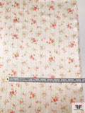 Ditsy Floral and Vertical Striped Printed Silk Charmeuse - Pinks / Light Mint Green / Ivory