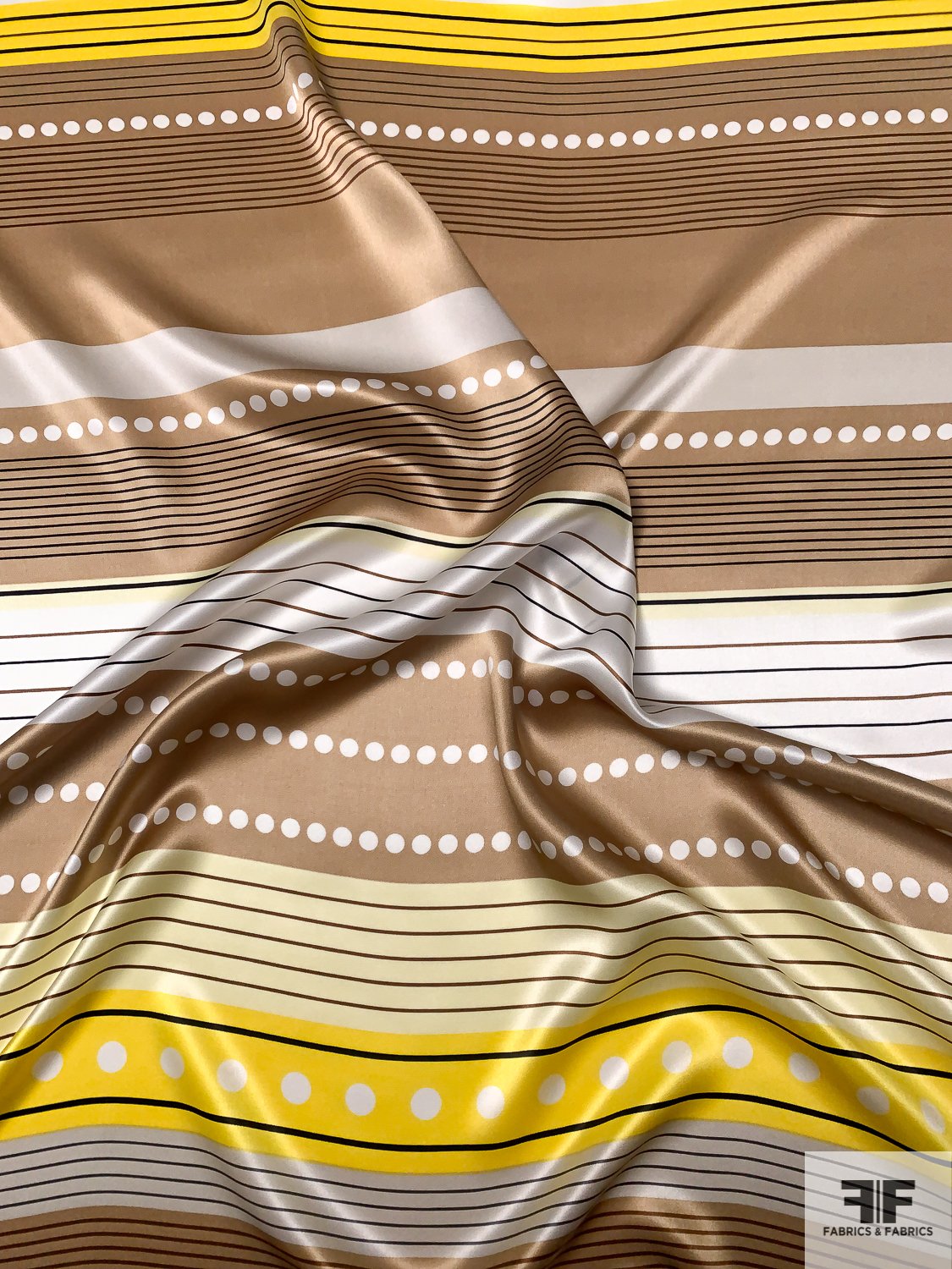 Striped and Linear Designer Printed Silk Charmeuse - Dark Nude / Yellow / White / Black