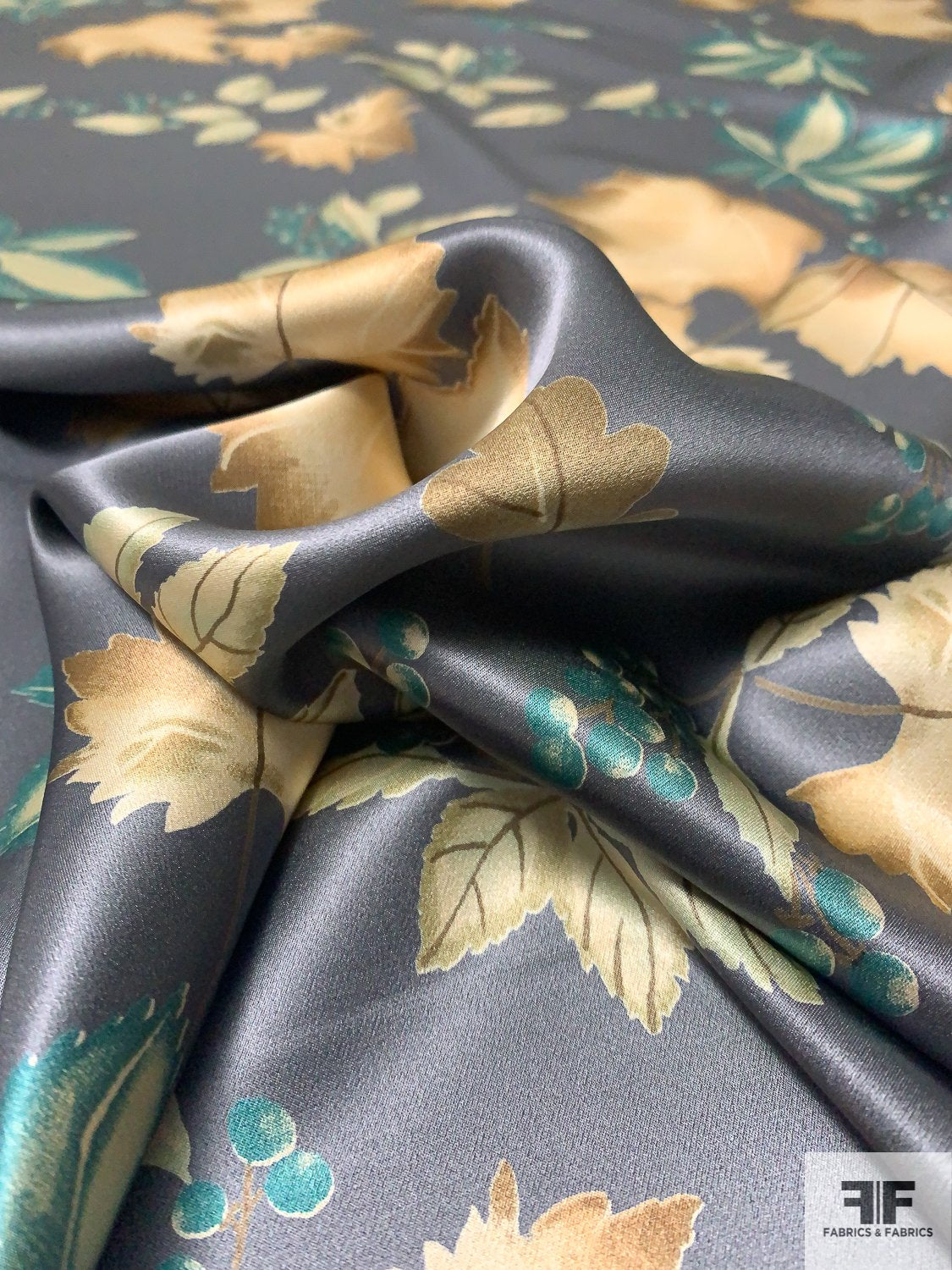 An Icy Autumn Printed Silk Charmeuse - Grey / Tan / Teal