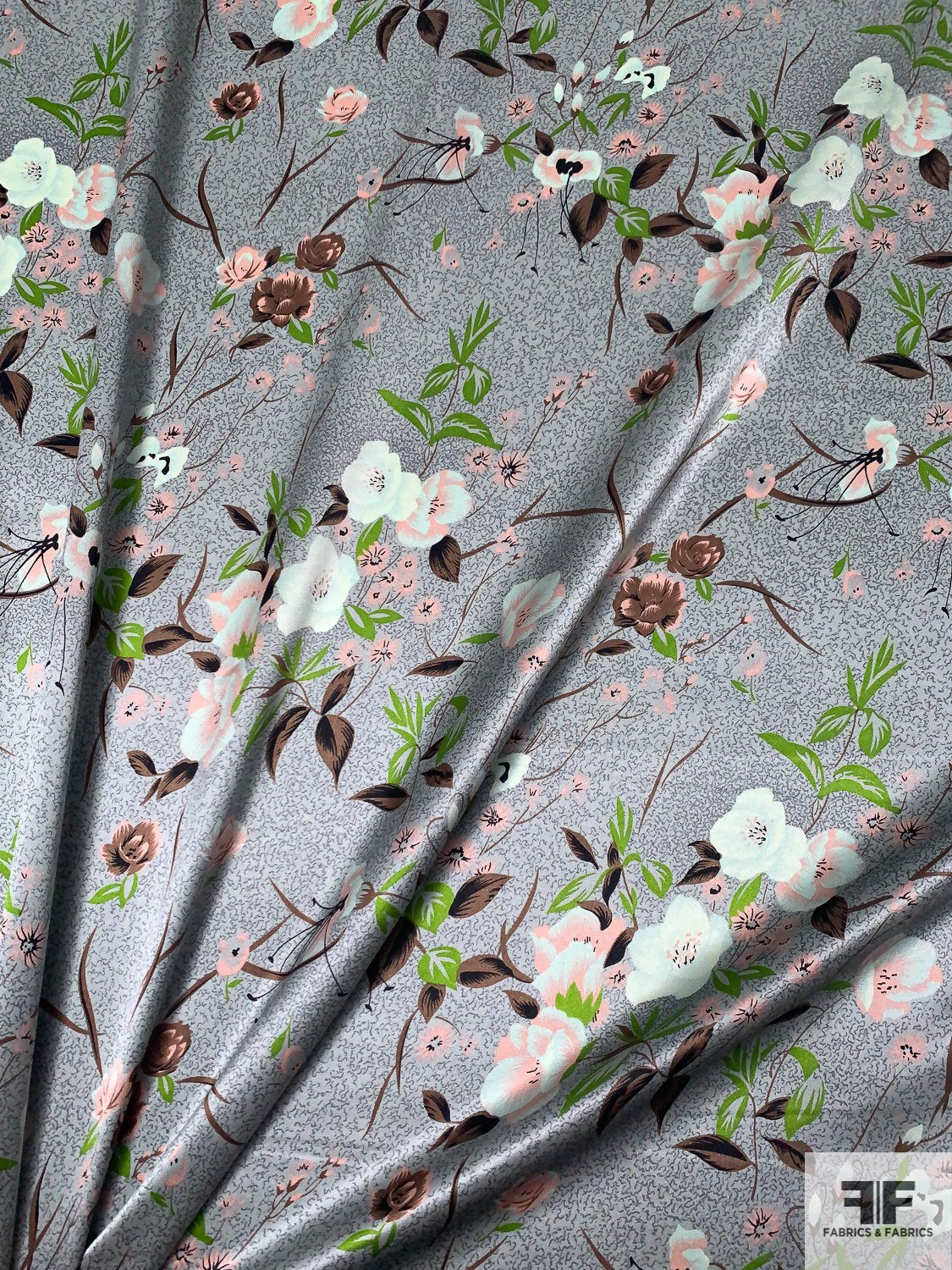 Elegant Floral Printed Silk Charmeuse - Sage-Grey / Green / Brown / Blushy Pink