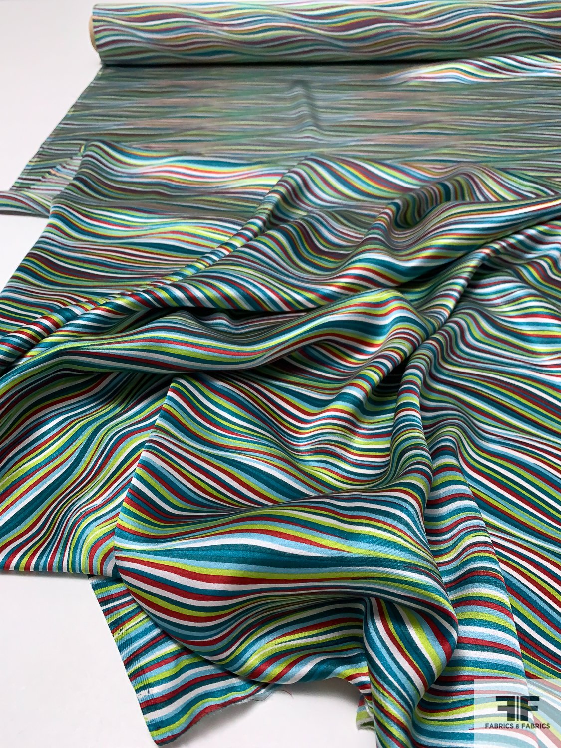 Wavy Striations Printed Silk Charmeuse - Shades of Teal / Green / Red