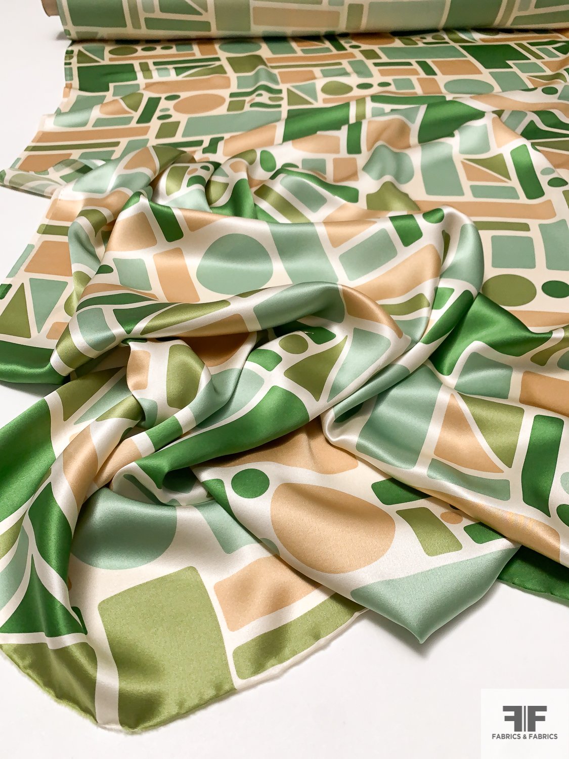 Geometric Art Printed Silk Charmeuse - Greens / Tan / Beige