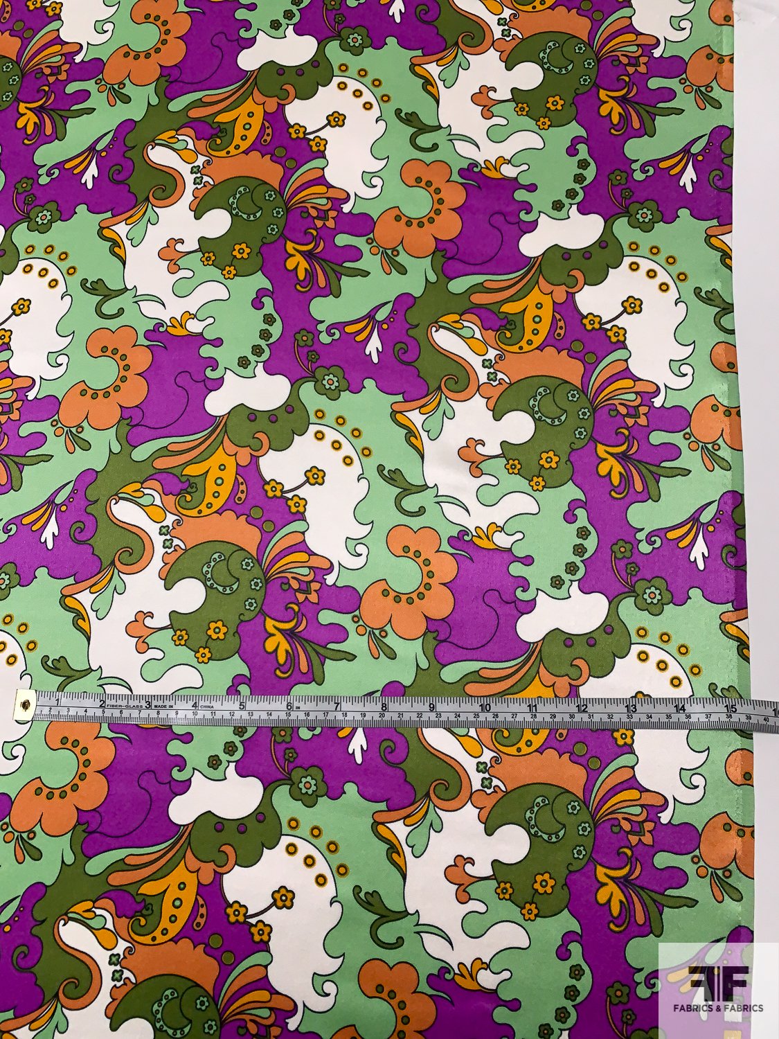 Pucci-esque Paisley-Like Printed Silk Charmeuse - Moss Green / Sage / Purple / Orange
