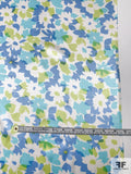 Gentle Floral Printed Silk Charmeuse - Blues / Yellow-Green / White