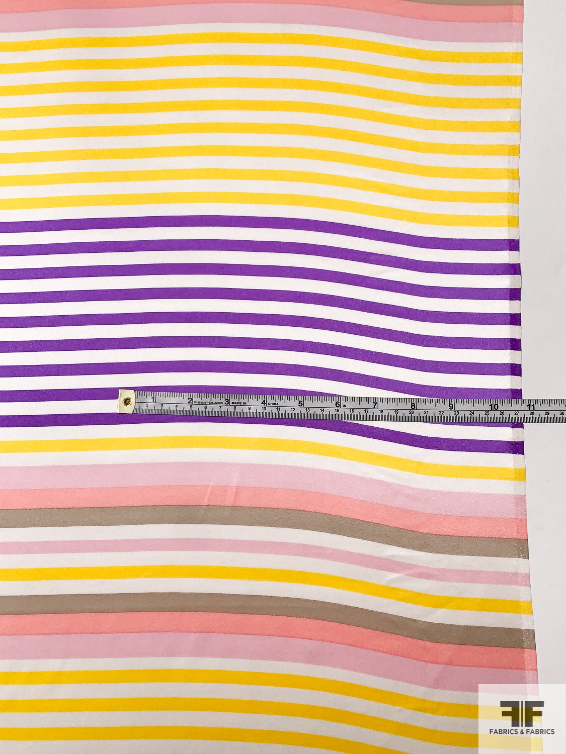 Horizontal Multi-Striped Printed Silk Charmeuse - Purple / Pinks / Yellow / Off-White
