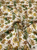 Leaf and Floral Printed Silk Charmeuse - Green / Yellow / Olive