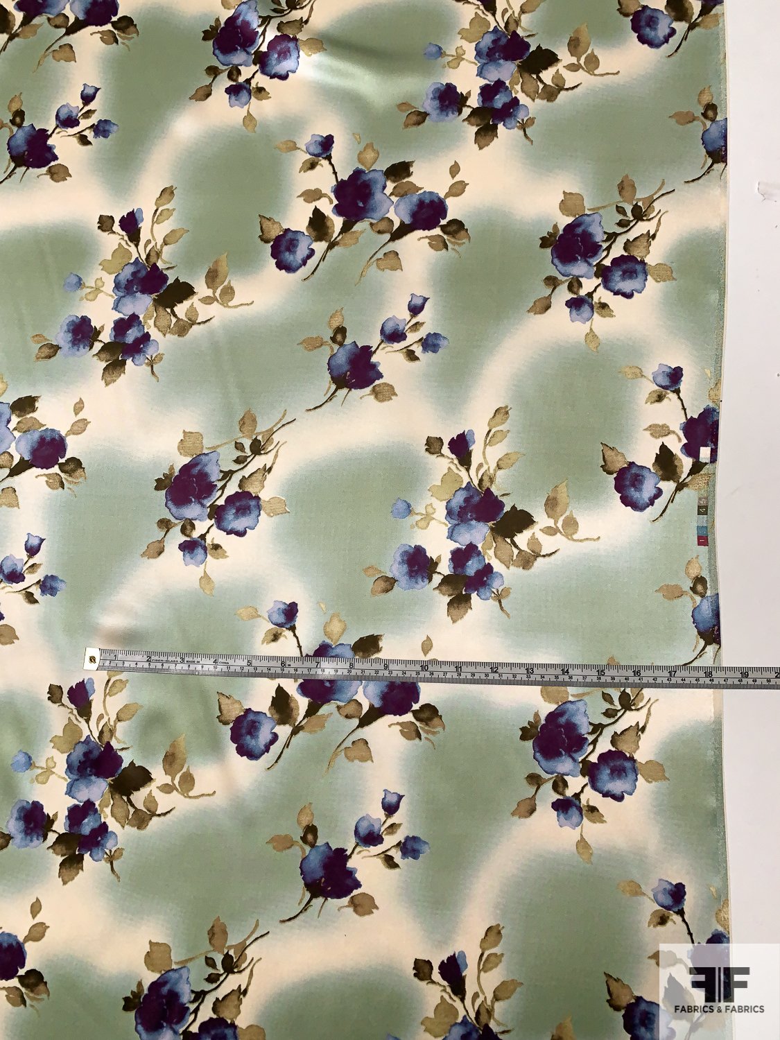 Gently Floral Printed Silk Charmeuse - Sage / Purple / Dusty Gold