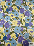 Floral Sketch Printed Silk Charmeuse - Sky Blue / Purple / Light Yellow / Olive