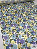 Floral Sketch Printed Silk Charmeuse - Sky Blue / Purple / Light Yellow / Olive