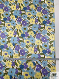 Floral Sketch Printed Silk Charmeuse - Sky Blue / Purple / Light Yellow / Olive