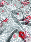 Hypnotic and Floral Printed Silk Charmeuse - Dusty Seafoam / Purples / Pinks