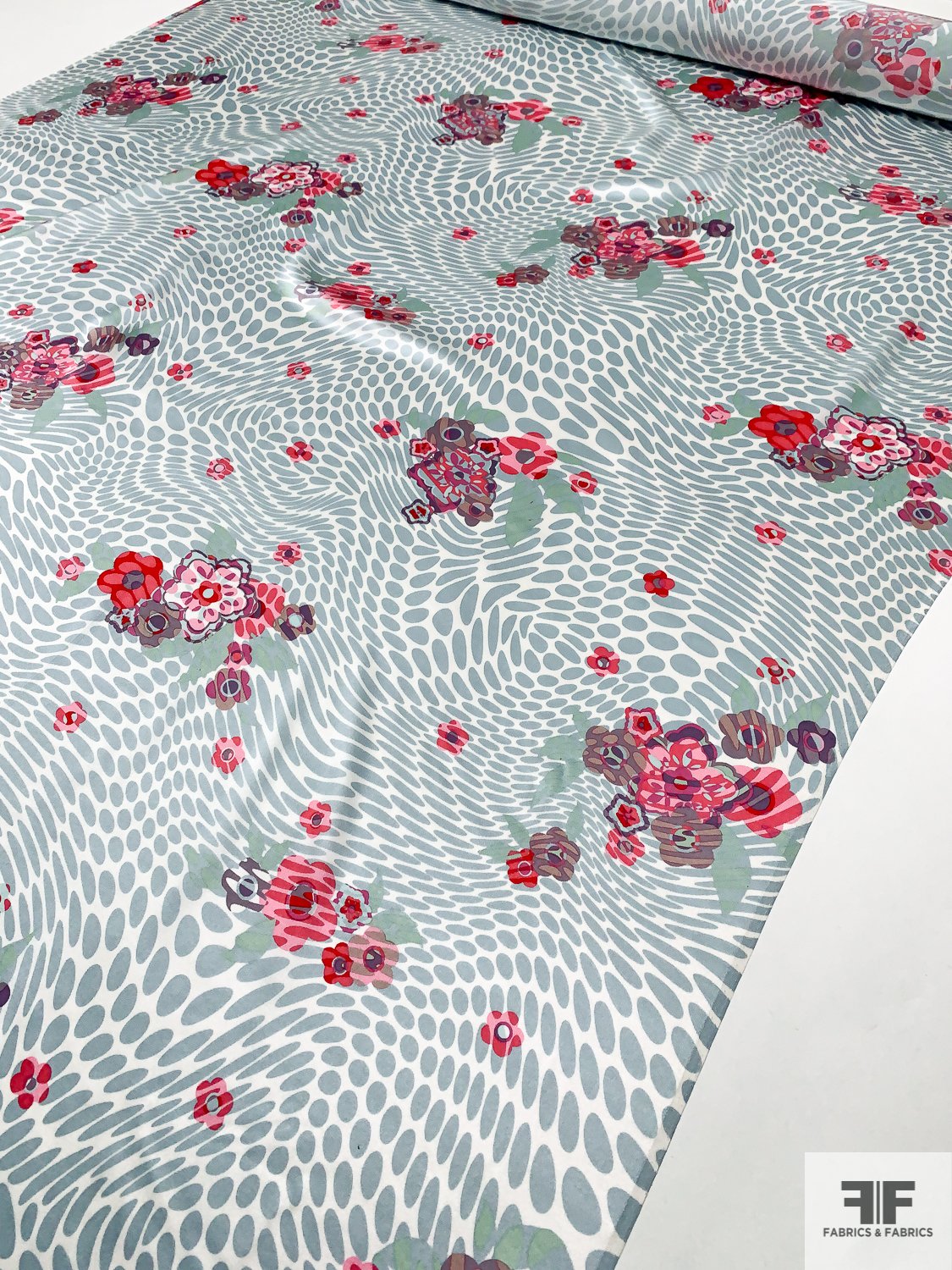 Hypnotic and Floral Printed Silk Charmeuse - Dusty Seafoam / Purples / Pinks