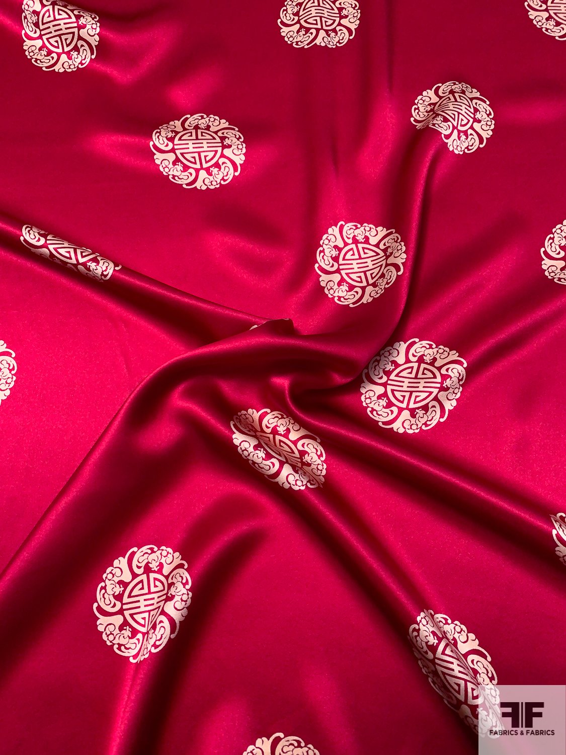 Ornate Medallions Printed Silk Charmeuse - Cranberry Red / Cream