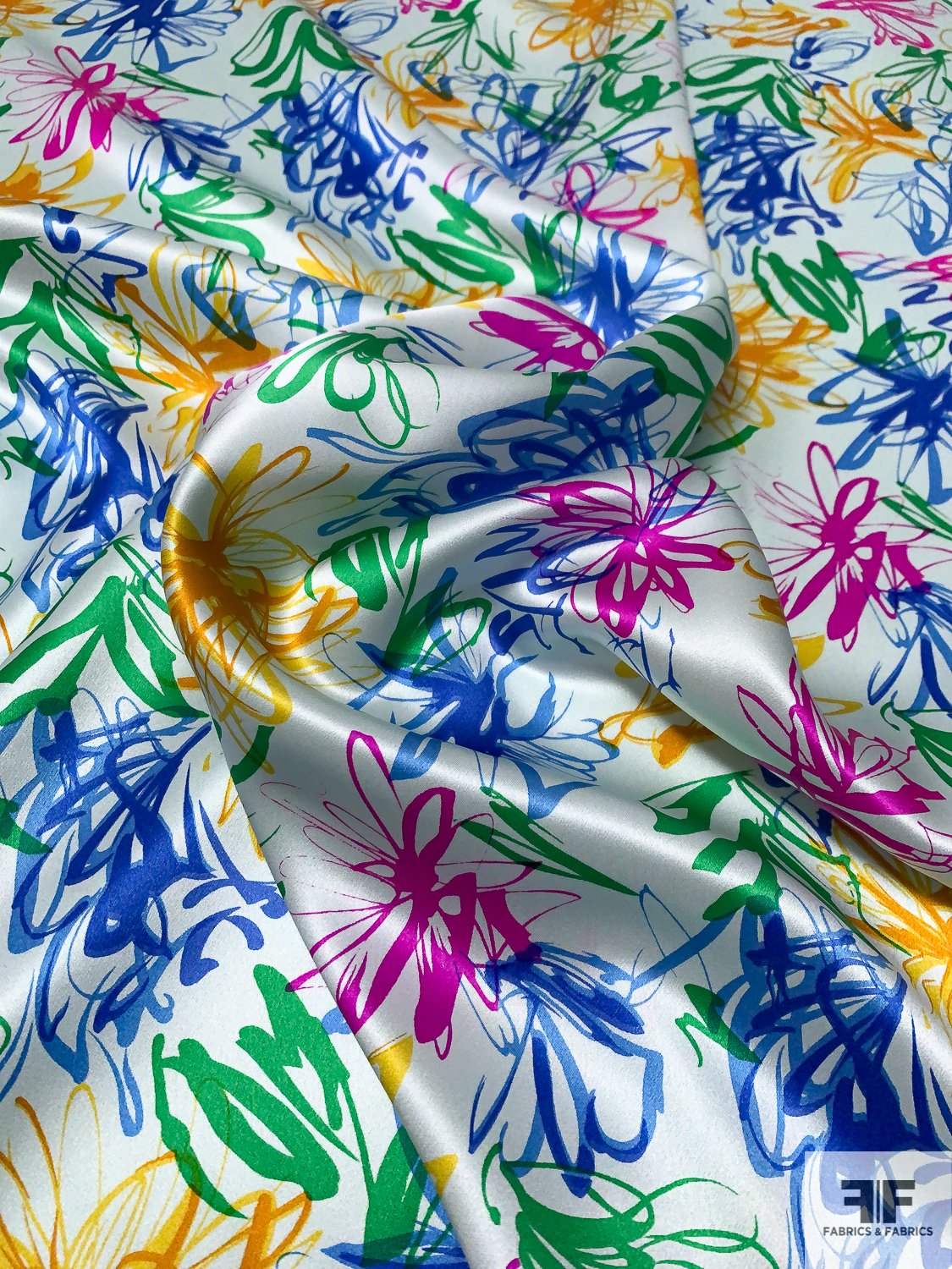 Painterly Floral Sketch Printed Silk Charmeuse - Light Seafoam / Blue / Magenta / Yellow / Green