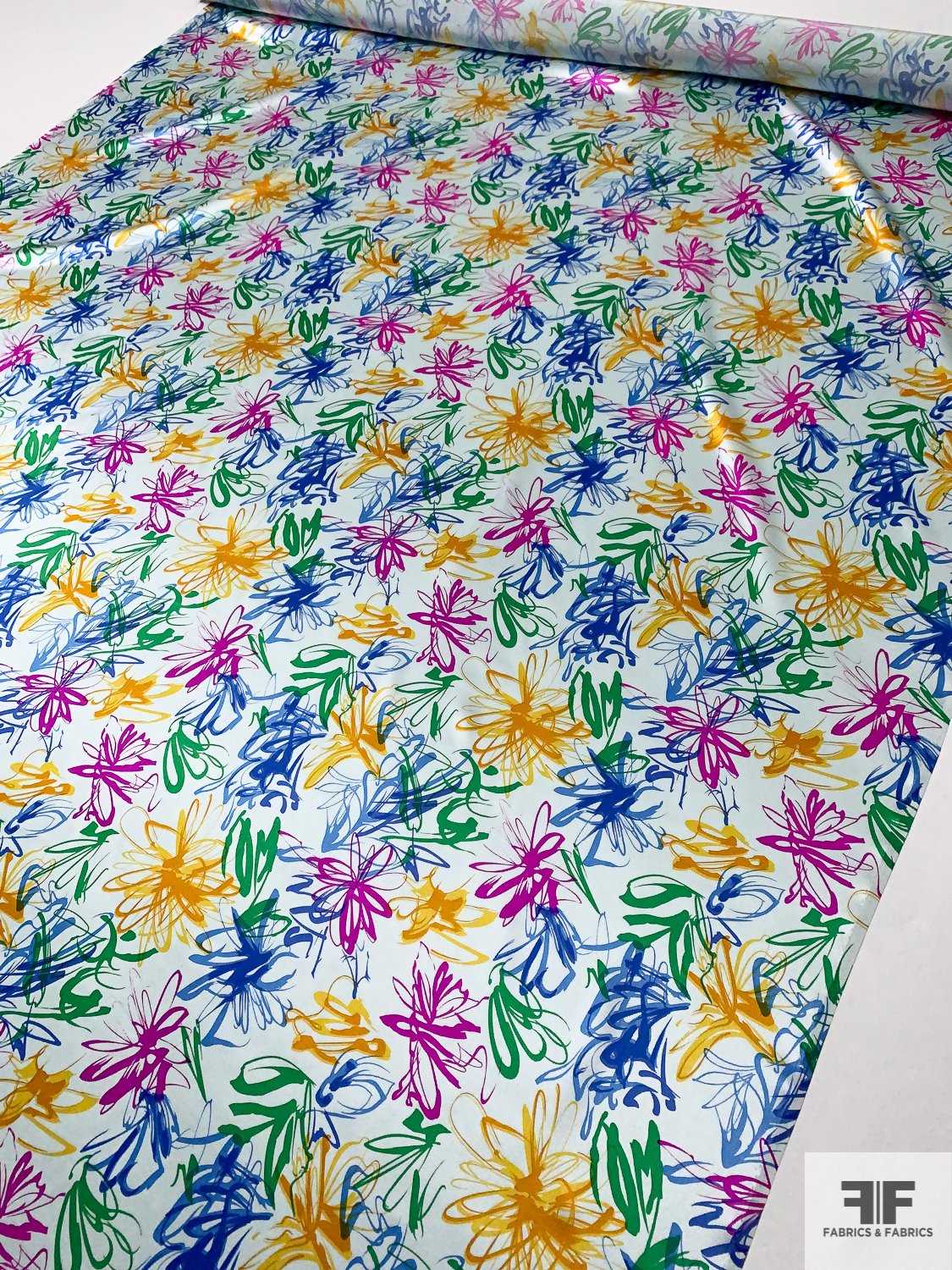Painterly Floral Sketch Printed Silk Charmeuse - Light Seafoam / Blue / Magenta / Yellow / Green