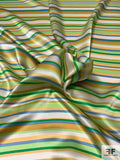 Horizontal Striped Printed Silk Charmeuse - Greens / Yellow / Periwinkle / Off-White
