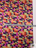 Painted Pixel Squares Printed Silk Charmeuse - Oranges / Light Green / Plum / Magenta