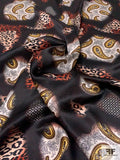 Paisley and Animal Pattern Blend Printed Silk Charmeuse - Black / Fiery Brown / Yellow / White