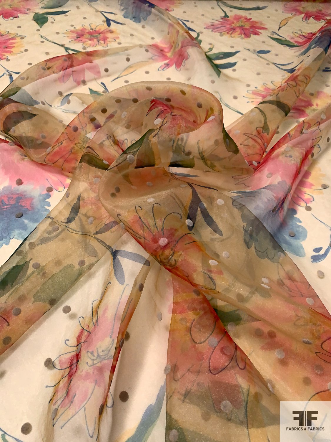 Watercolor Floral Printed Polyester Organza with Flocked Dots - Antique Gold / Strawberry / Dusty Navy