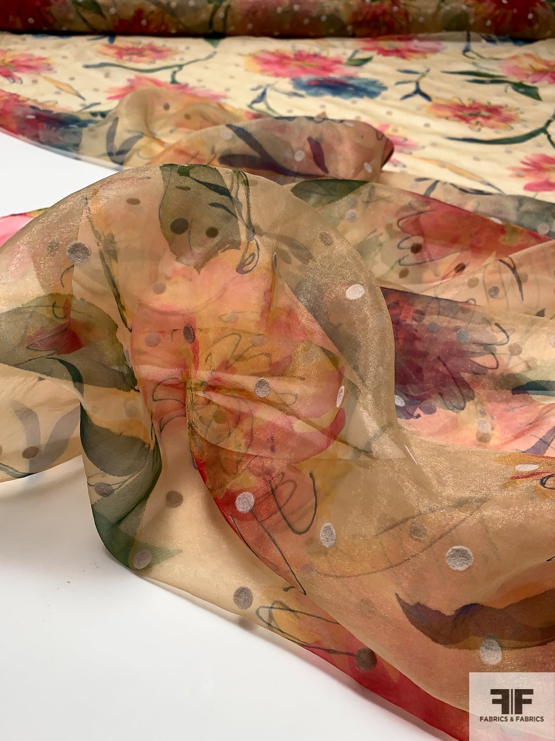 Watercolor Floral Printed Polyester Organza with Flocked Dots - Antique Gold / Strawberry / Dusty Navy
