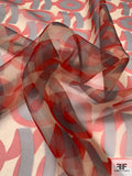 Art Deco Design Printed Polyester Organza - Red / Grey / Tan