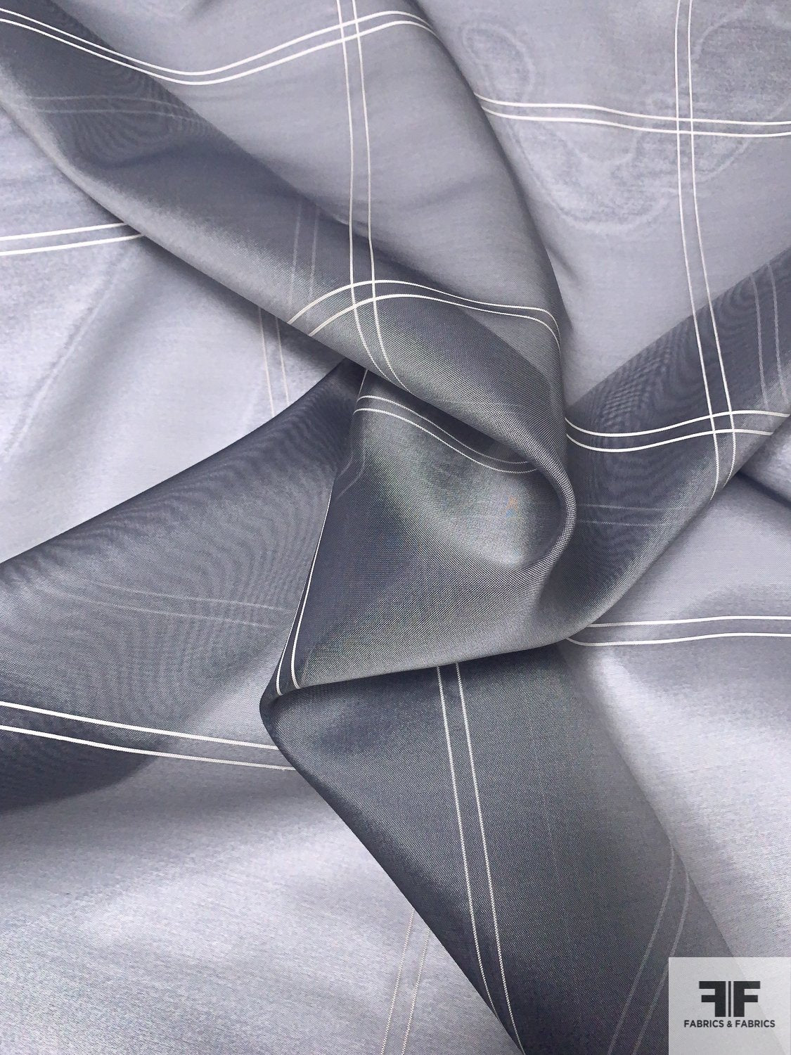 Windowpane Plaid Yarn-Dyed Heavy Silk Organza - Bluish-Grey / White
