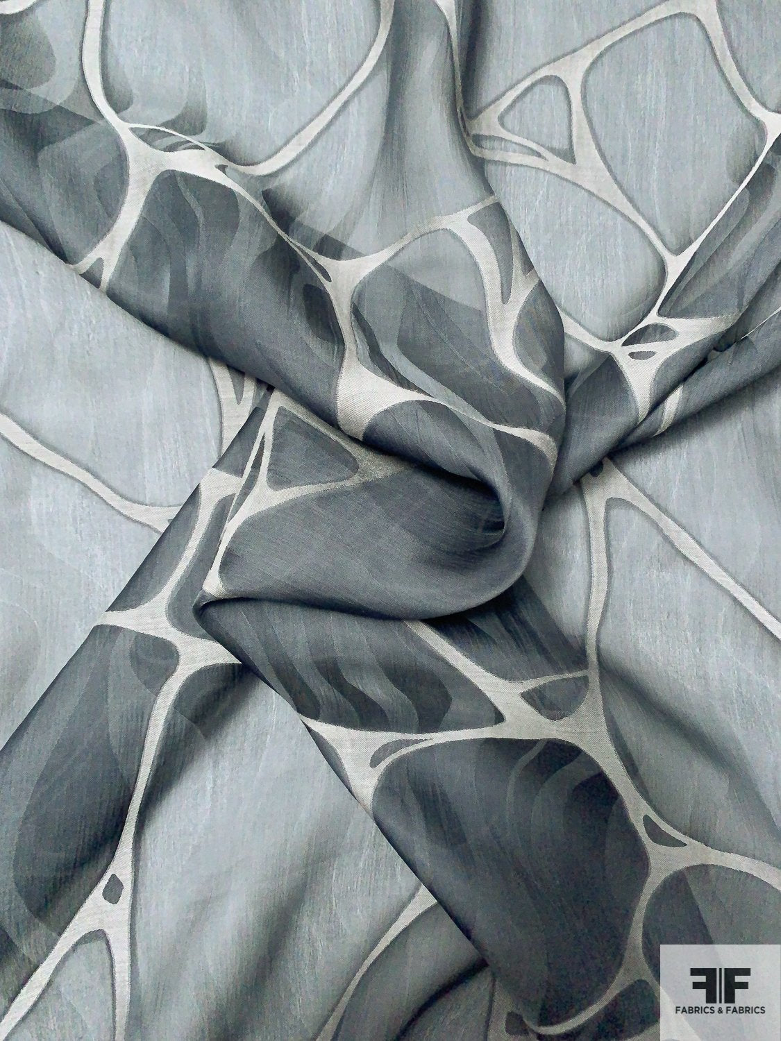 Italian Wavy Jacquard with Rock Pattern Fil Coupé Washed Finish Silk Organza - Gunmetal Grey / Grey