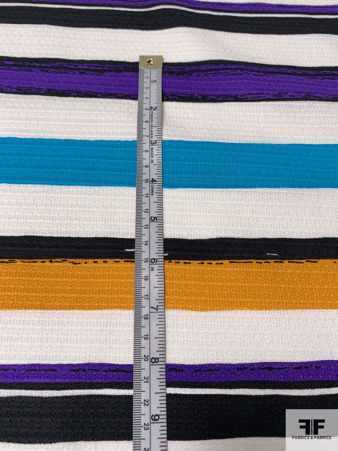 Horizontal Striped Textured Stretch Cotton Pique - Purple / White / Turquoise / Turmeric