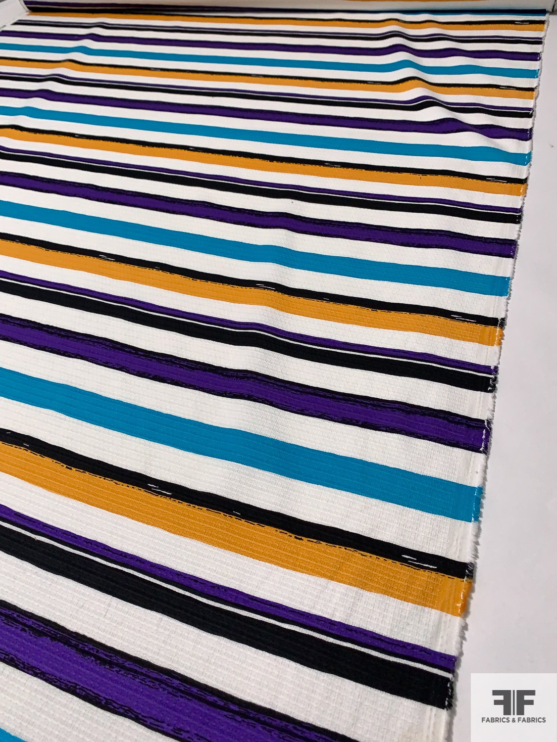 Horizontal Striped Textured Stretch Cotton Pique - Purple / White / Turquoise / Turmeric
