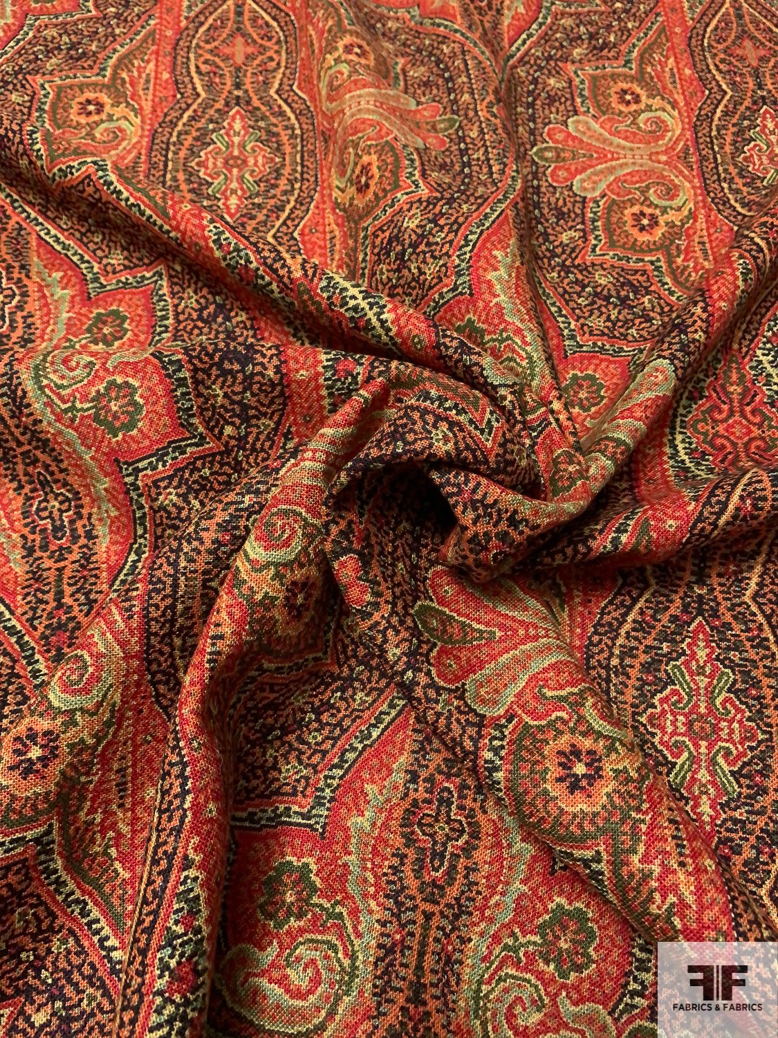 Persian Rug Inspired Printed Linen Viscose - Red / Greens / Orange / Black