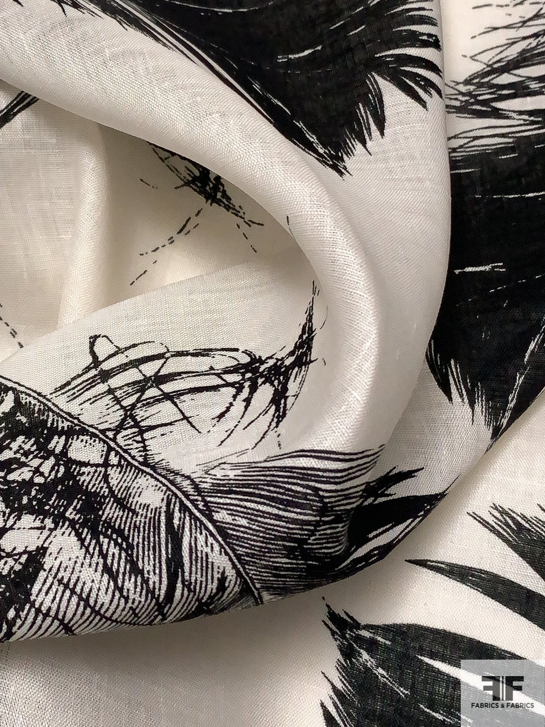 Feathery Leaf Sketched Printed Linen - Ivory / Black