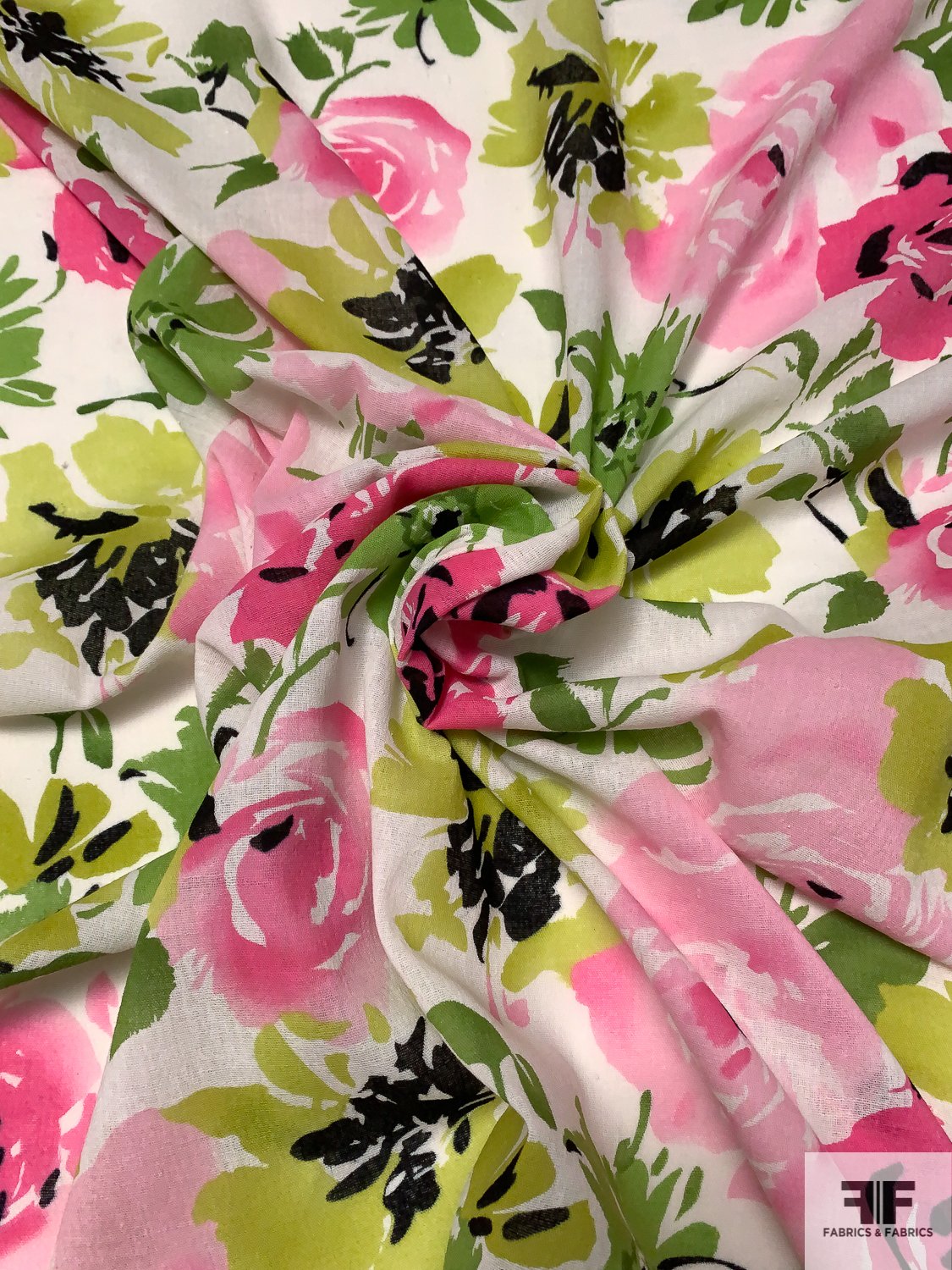 Watercolor Floral Printed Cotton Gauze - Green / Chartreuse / Pink / White  - Fabric by the Yard