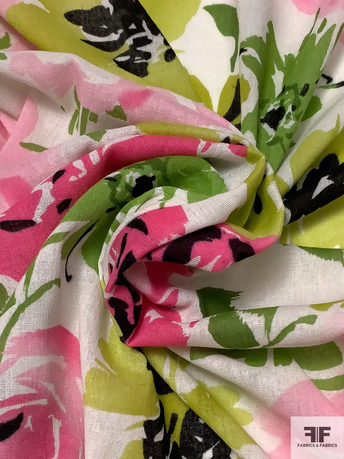 Watercolor Floral Printed Cotton Gauze - Green / Chartreuse / Pink / White