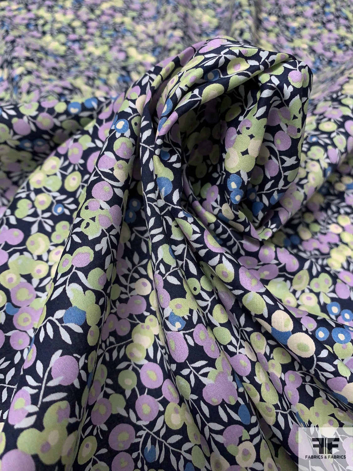 Leaf and Berry Printed Cotton Broadcloth - Navy / Sage / Lavender