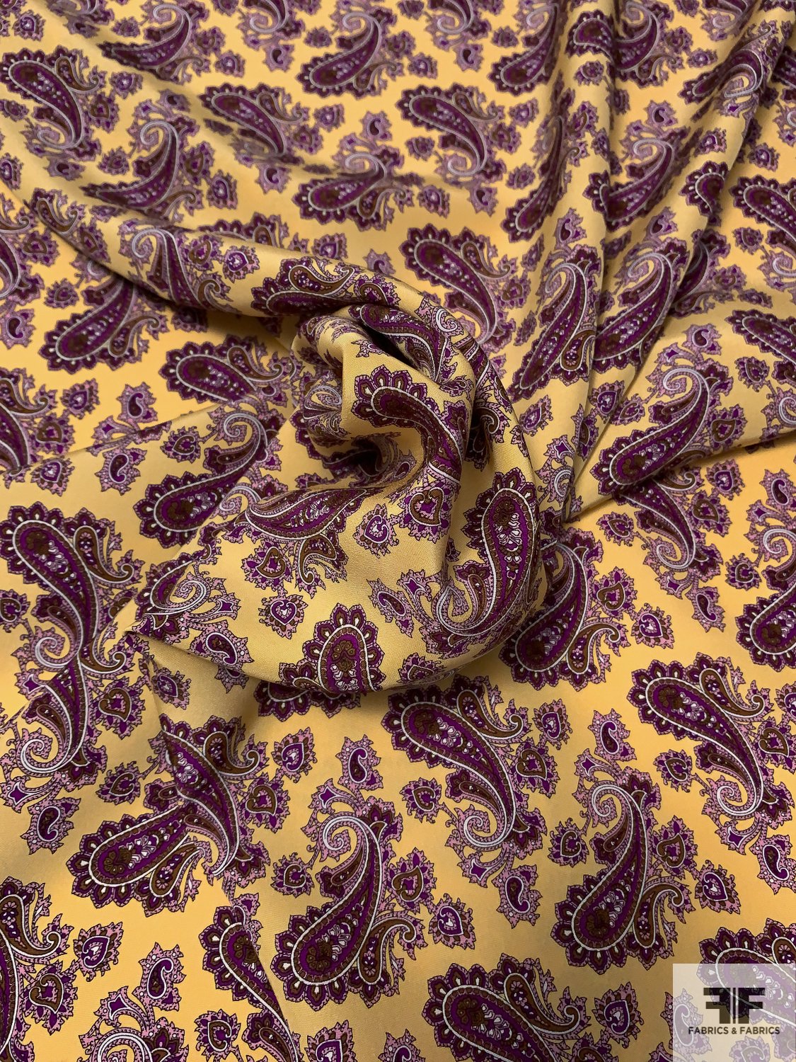 Paisley Printed Silk Crepe de Chine - Buttery Yellow / Purple / Brown / PInk