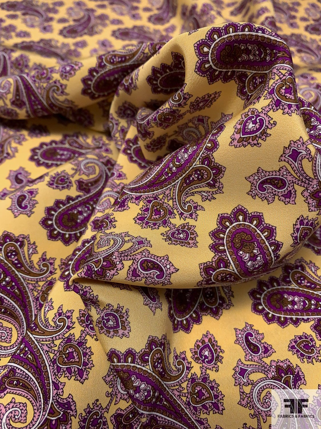 Paisley Printed Silk Crepe de Chine - Buttery Yellow / Purple / Brown / PInk