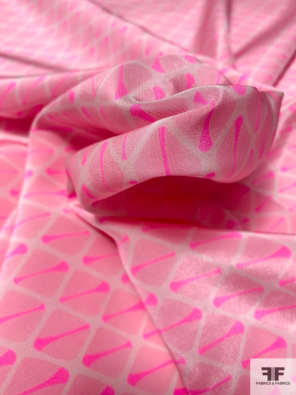 Geometric Field Printed Silk Crepe de Chine - Highlighter Pink / Off-White