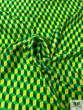 Cubic Steps Printed Heavy Silk Habotai - Green / Lime / Evergreen