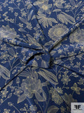 Sunflower and Floral Printed Silk Crepe de Chine - Dark Blue / Olive Green