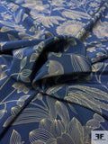 Sunflower and Floral Printed Silk Crepe de Chine - Dark Blue / Olive Green
