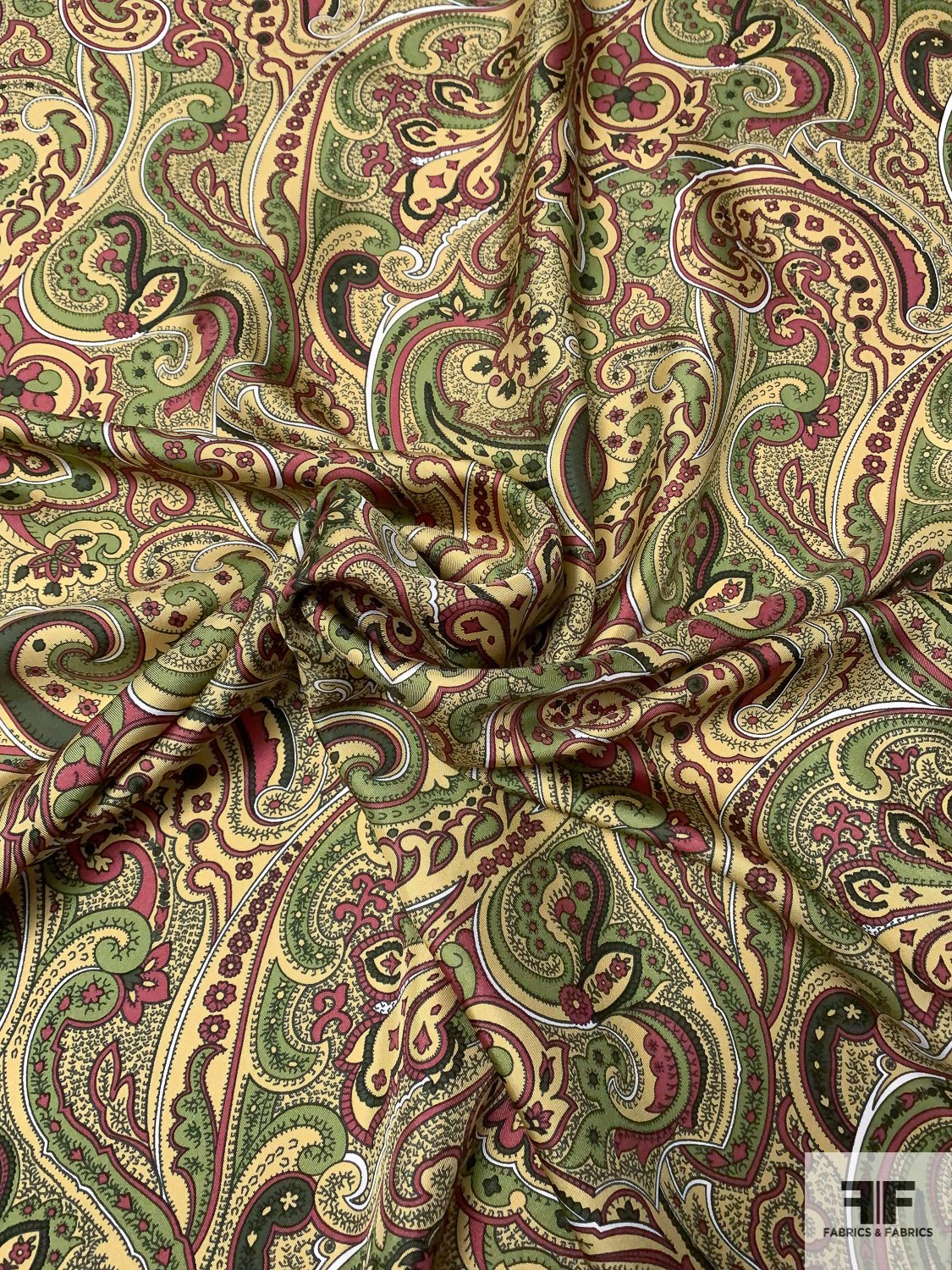 Paisley Printed Silk Twill - Shades of Green / Rose