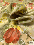 Floral Printed Silk Crepe de Chine - Shades of Green / Rusty Rose / Yellow