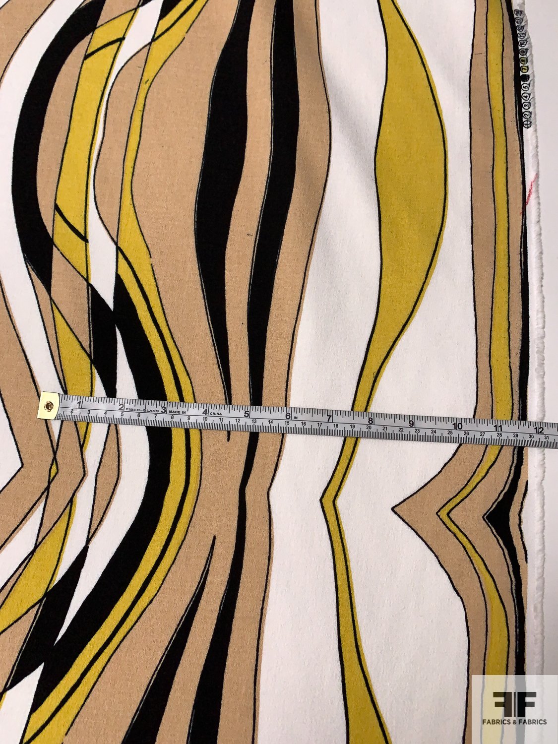 Modern Wavy Striations Printed Cotton Crepe Panel - Black / White / Yellow / Tan