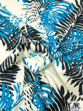 Tropical Leaf Printed Stretch  Cotton Pique - Turquoise / Navy / White