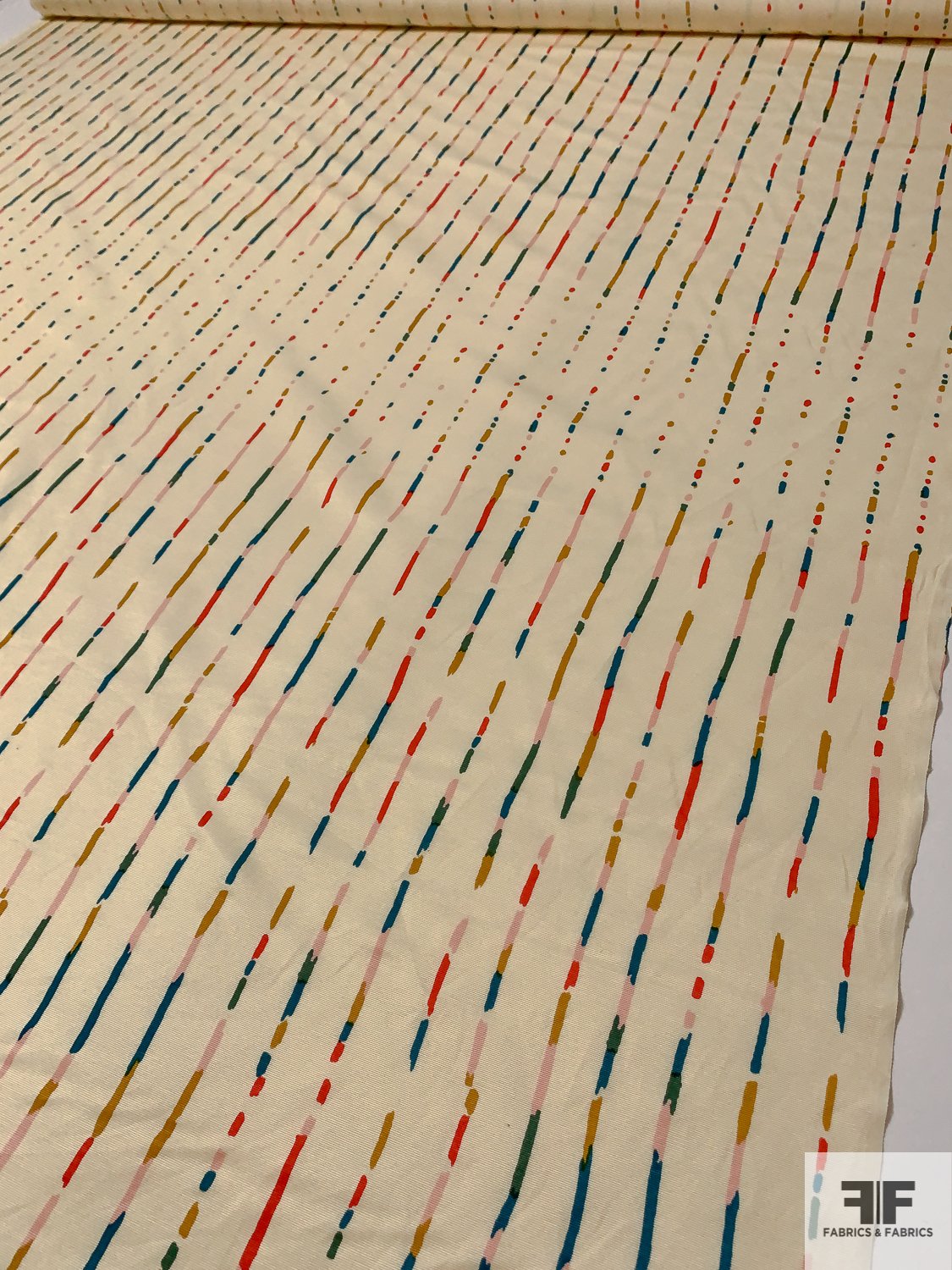 Vertical Broken Marker Striped Printed Cotton and Silk Faille - Eggnog / Teal / Coral
